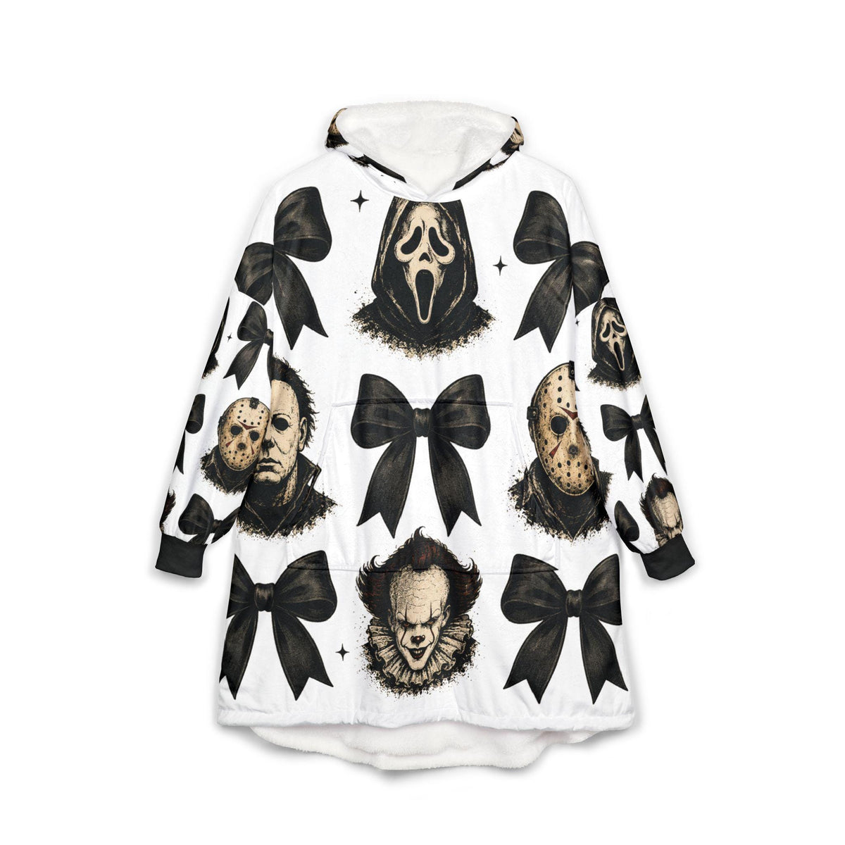 White hooded blanket featuring Michael Myers Jason Ghostface and Pennywise horror icons with oversized black bows for cozy seasonal loungewear and home decor