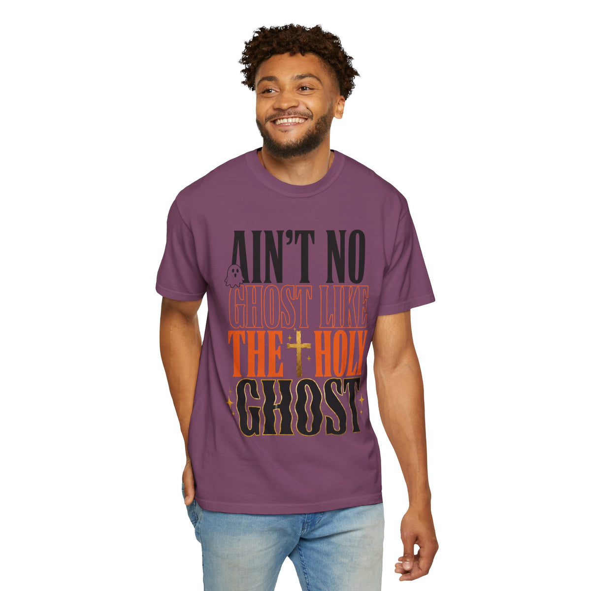 Purple graphic T-shirt featuring bold faith-inspired lettering that reads Ain't No Ghost Like the Holy Ghost on the front