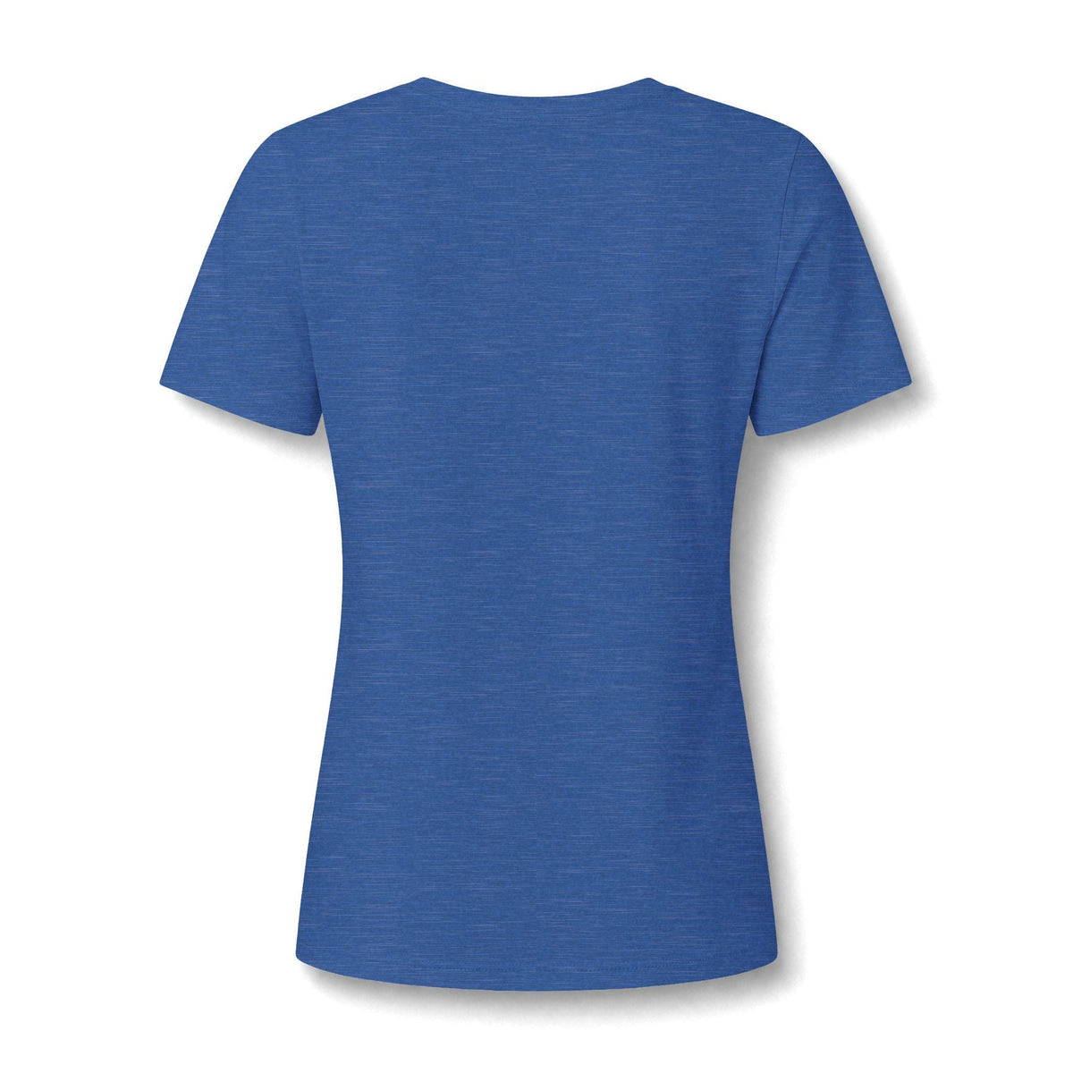 Back view of a women’s blue heather blend short sleeve V neck graphic tee with a relaxed fit and clean solid fabric for casual everyday wear