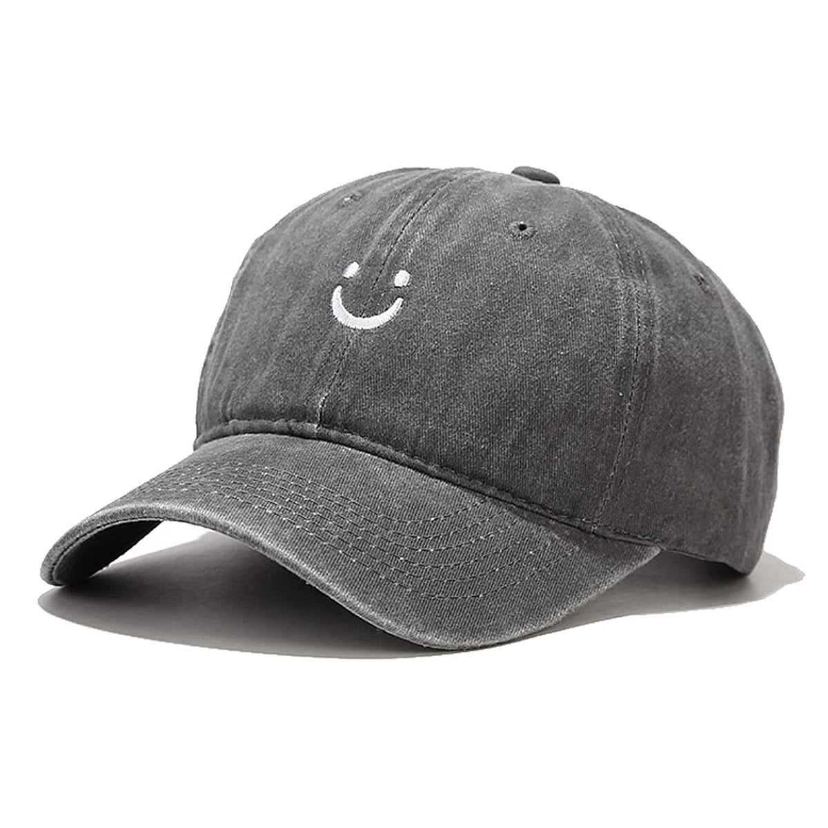 Grey distressed cotton baseball cap with a white smile face graphic adjustable fit from Drizzle and Tizzle Hats collection