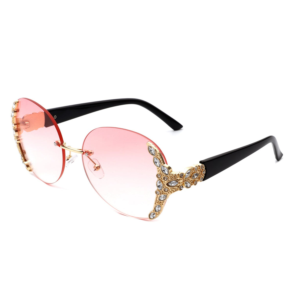 Pink oval rimless sunglasses with rose tinted lenses ornate rhinestone accents and black temples by Cramilo Eyewear from the Jewelry collection