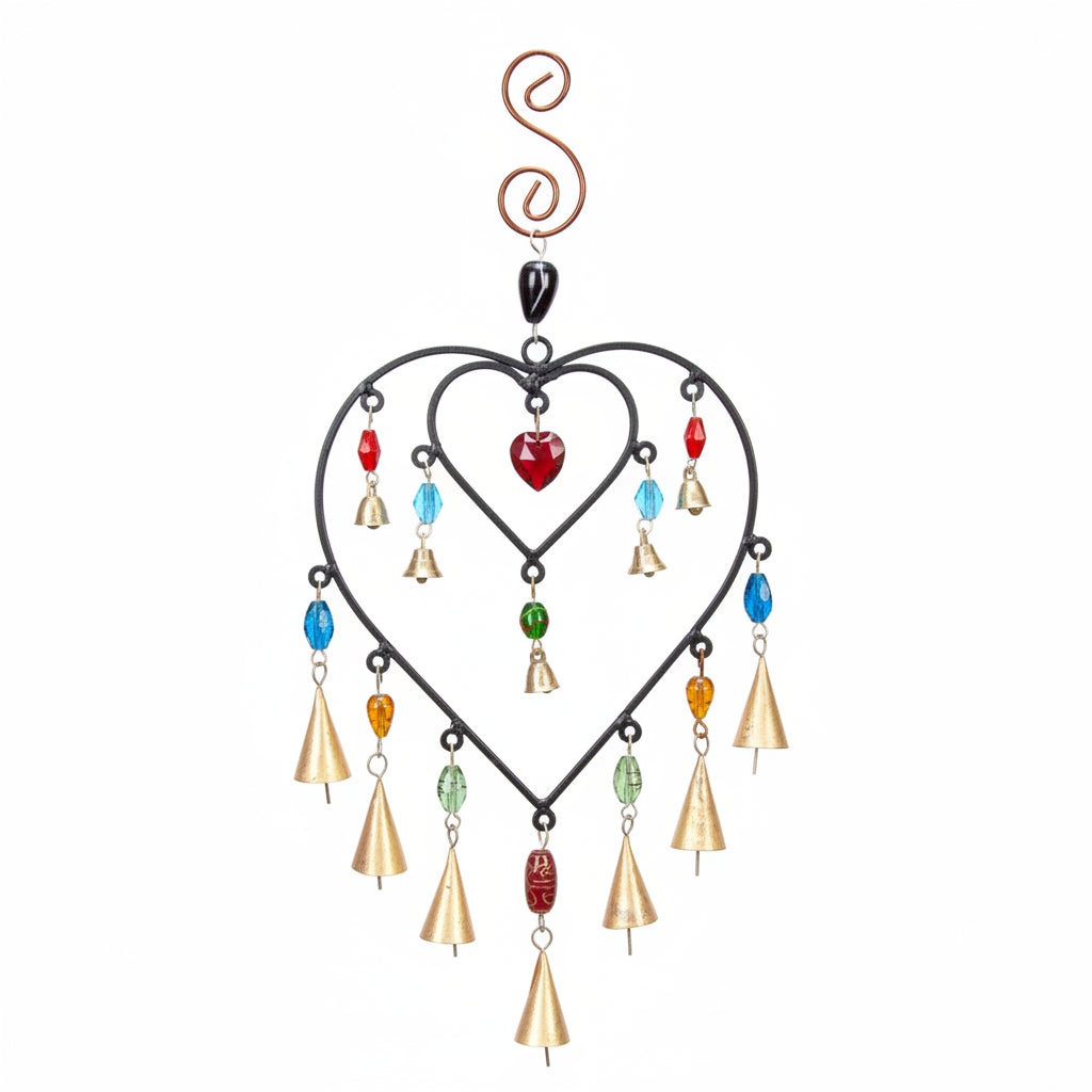 Double heart hanging chime with colorful glass beads and golden brass bells for cheerful home decor by DC-OMSutra from Home and beyond New Arrivals