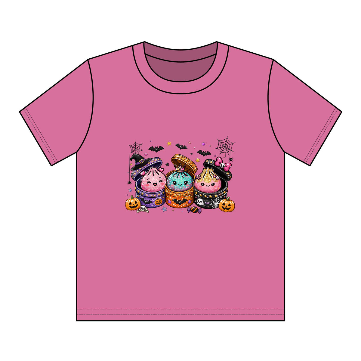 Pink youth graphic tee featuring three cute Halloween dumpling characters in costumes with pumpkins bats and cobwebs from Drizzle Tizzle