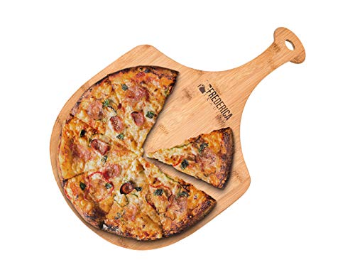 Natural bamboo pizza peel and cutting board holding sliced pizza with a smooth handle and hanging hole for easy storage in the kitchen