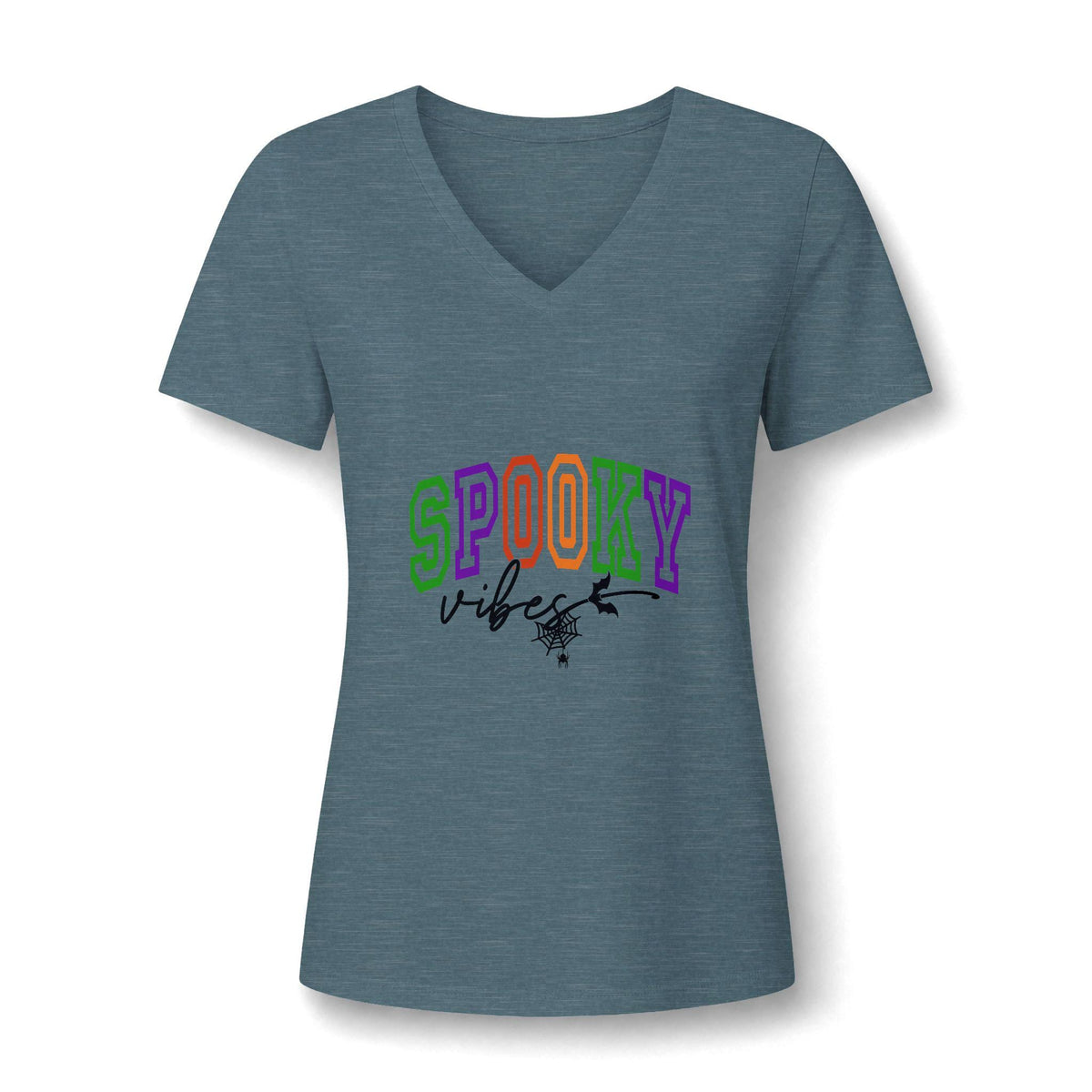 Heather blue women's V neck graphic tee with colorful SPOOKY lettering and a playful witch illustration from Drizzle and Tizzle for Halloween style