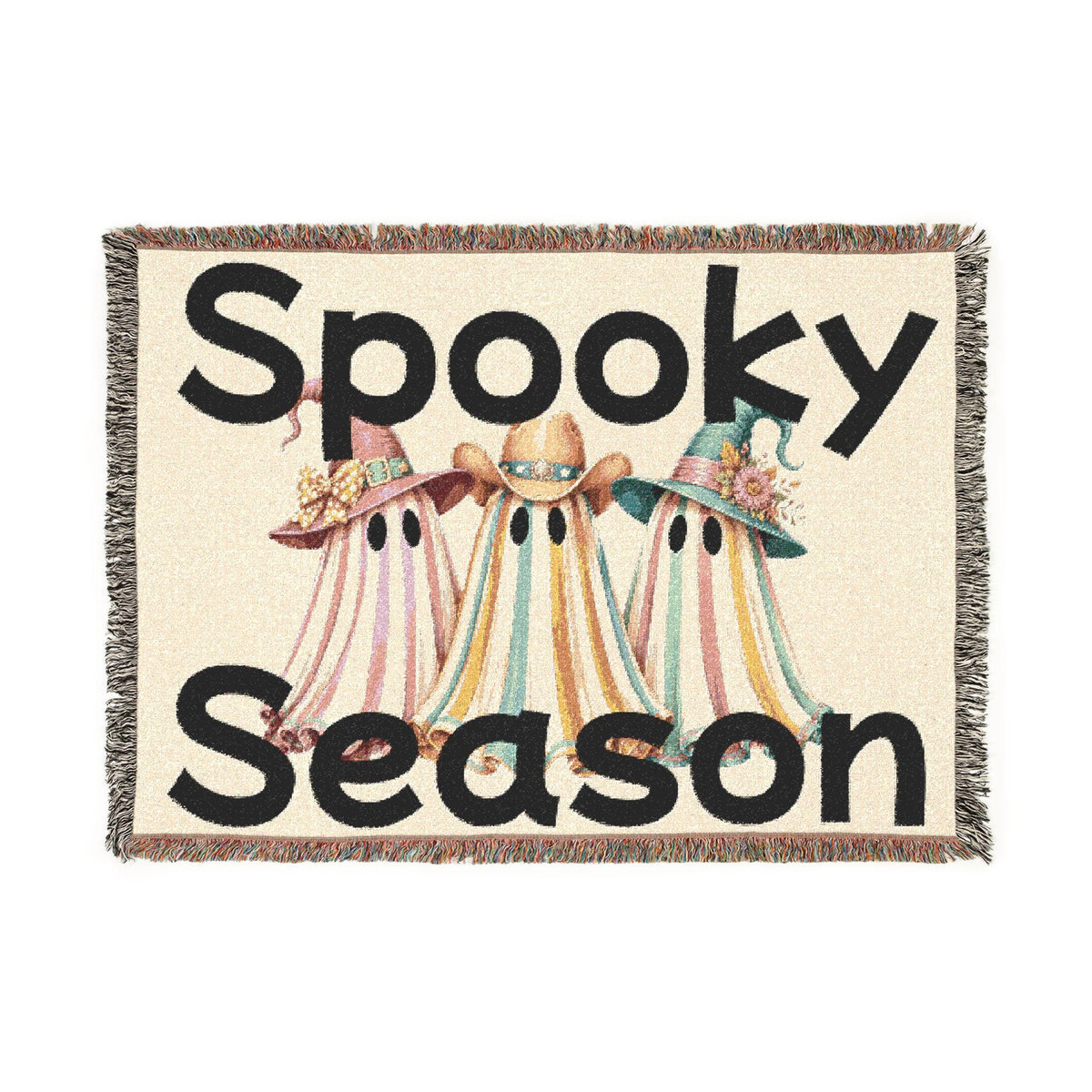 Woven cotton throw blanket with three whimsical ghosts in witch hats and bold Spooky Season lettering for seasonal home decor