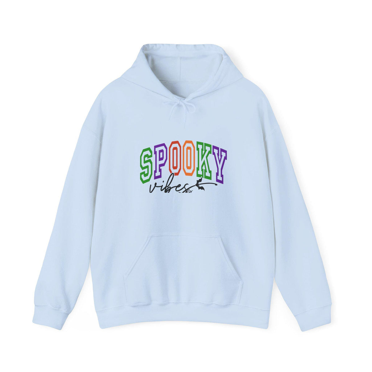 Light blue Halloween graphic hoodie with colorful SPOOKY Vibes lettering a drawstring hood and front kangaroo pocket for cozy seasonal fashion apparel