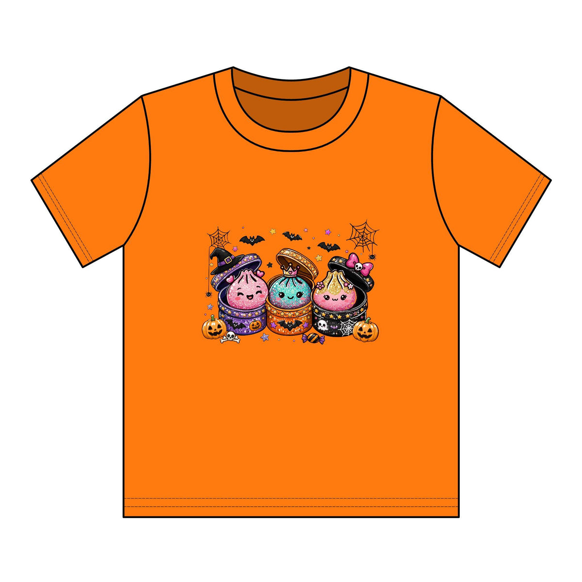 Bright orange youth graphic tee featuring three cute Halloween dumpling characters in witch hats with pumpkins, bats, and cobweb details