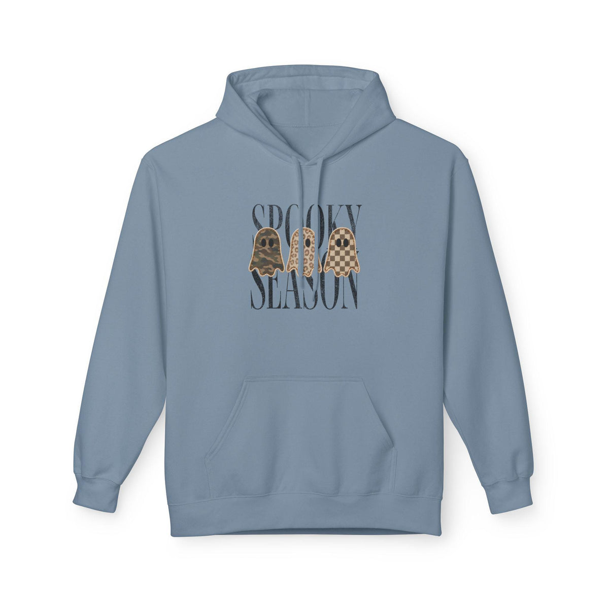 Blue gray graphic hoodie featuring three vintage style ghosts and Spooky Season lettering with a cozy front pocket