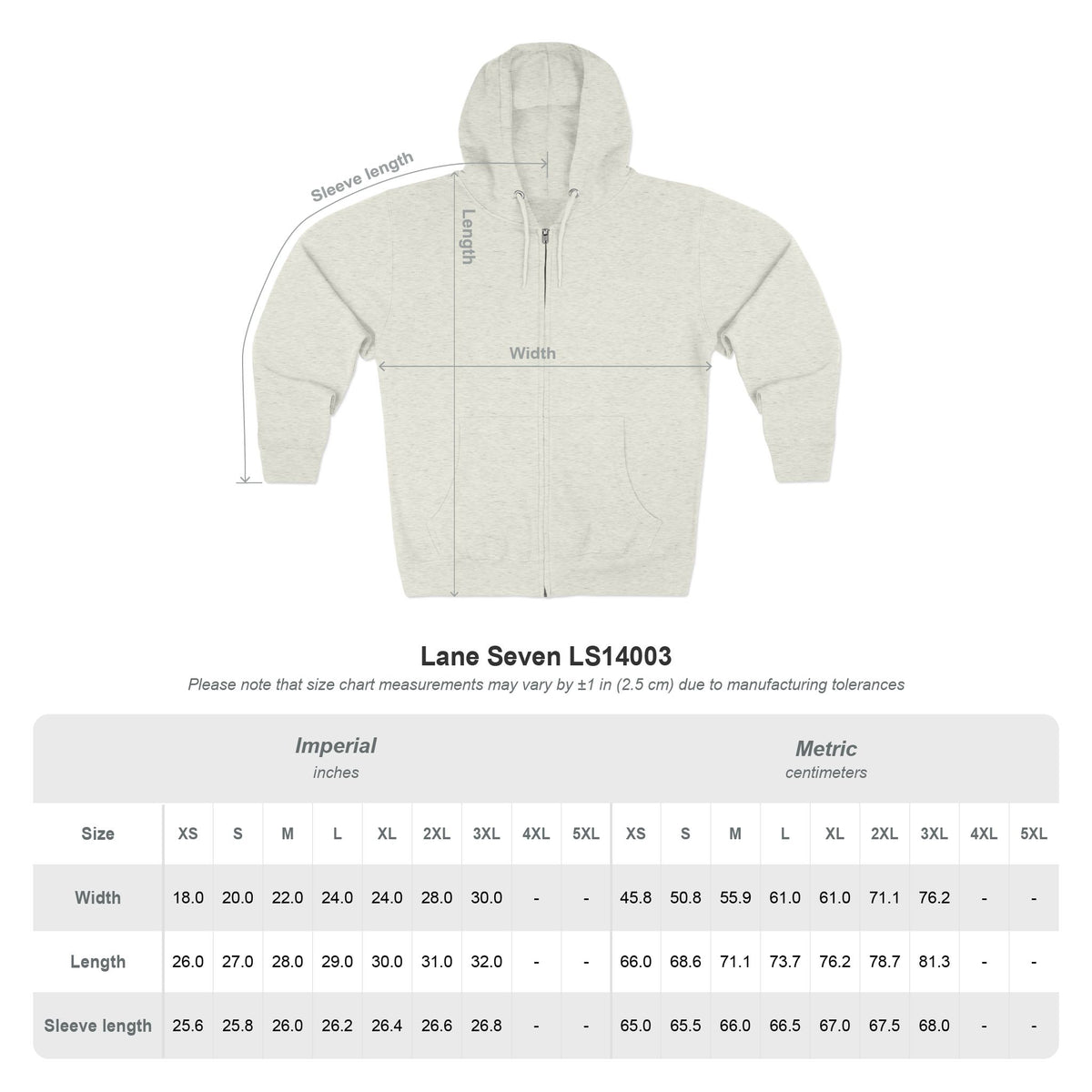 Gray full zip hoodie size chart showing width length and sleeve length measurements in inches and centimeters for multiple sizes
