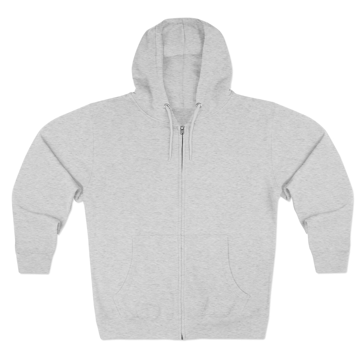 Light gray full zip hooded sweatshirt with drawstrings ribbed cuffs and spacious front pockets shown against a plain background