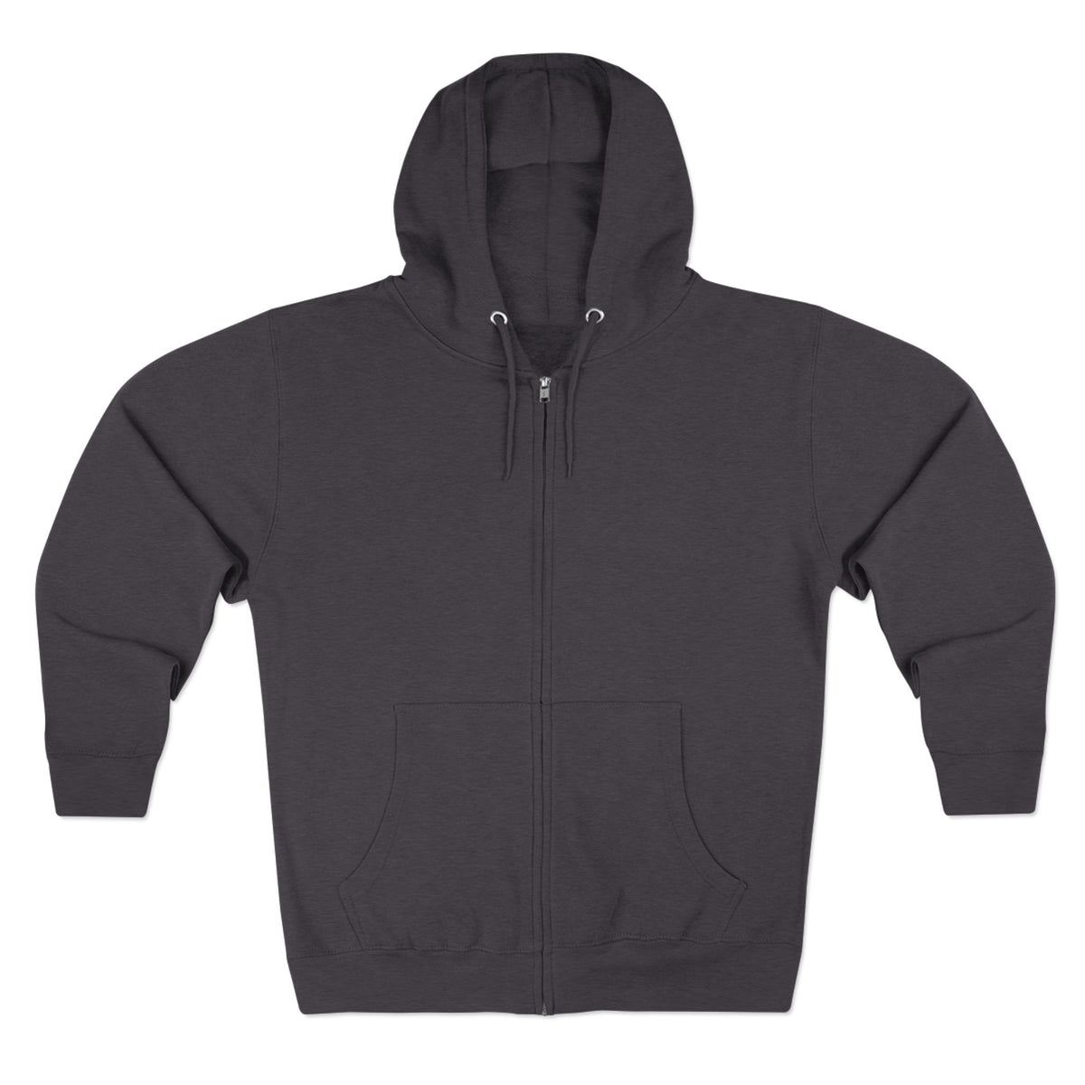 Dark charcoal full zip hoodie with drawstring hood and front pouch pockets for casual women's fashion