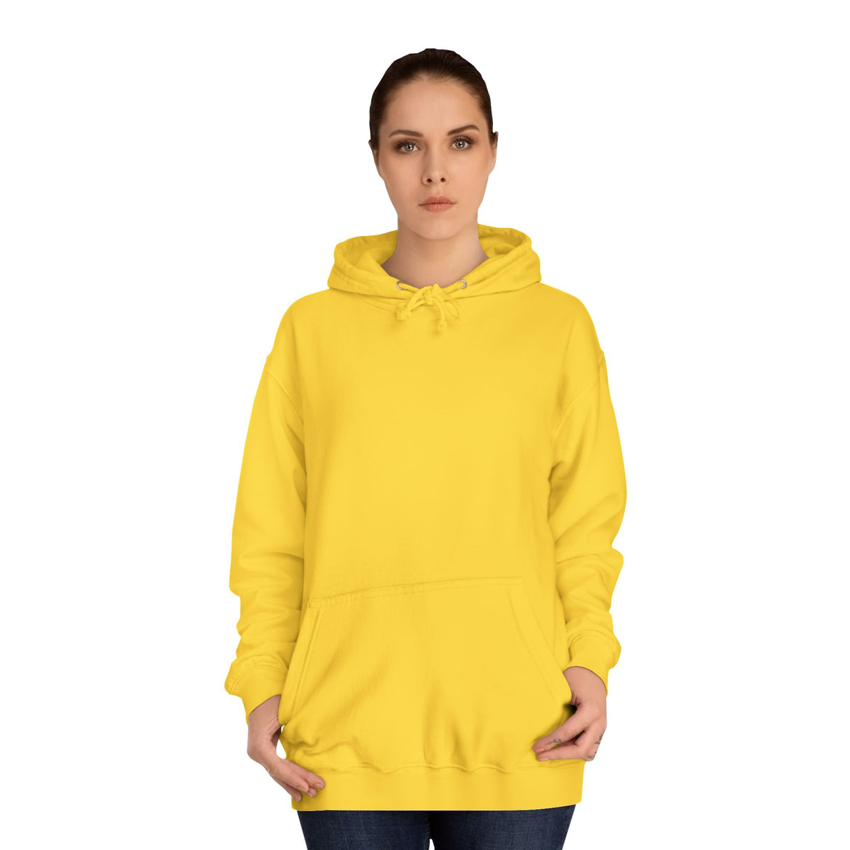 Woman modeling a bright yellow pullover hoodie with drawstring hood and front kangaroo pocket for womens fashion online from Printify