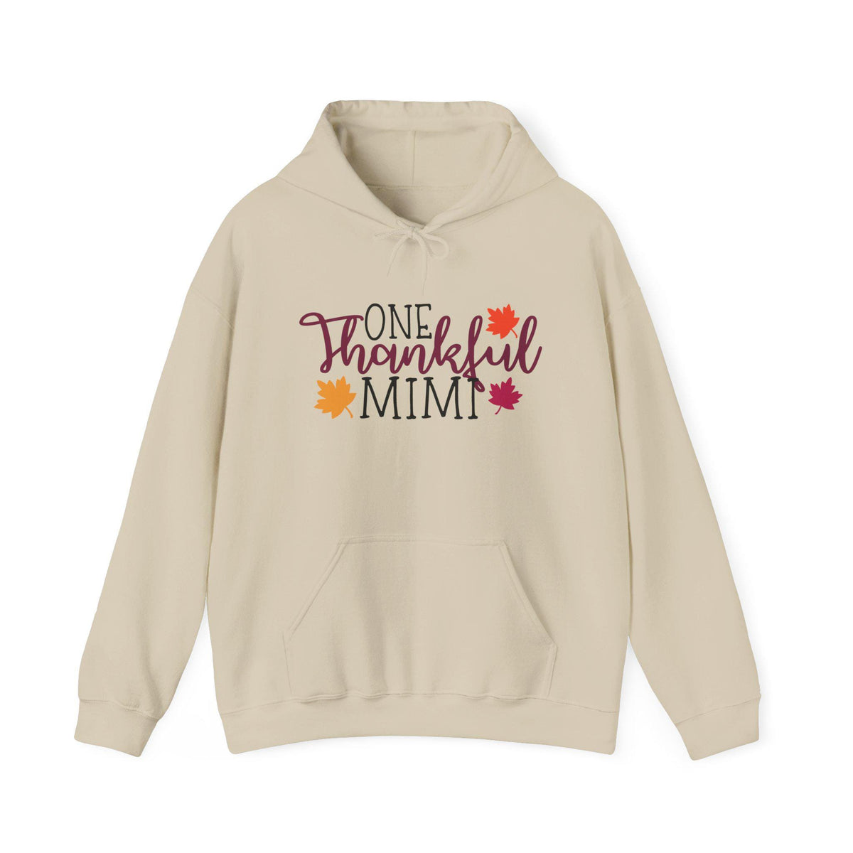 Cream hooded sweatshirt featuring One Thankful Mimi lettering with colorful autumn leaves graphic and a cozy front pouch pocket for fall fashion and gifting
