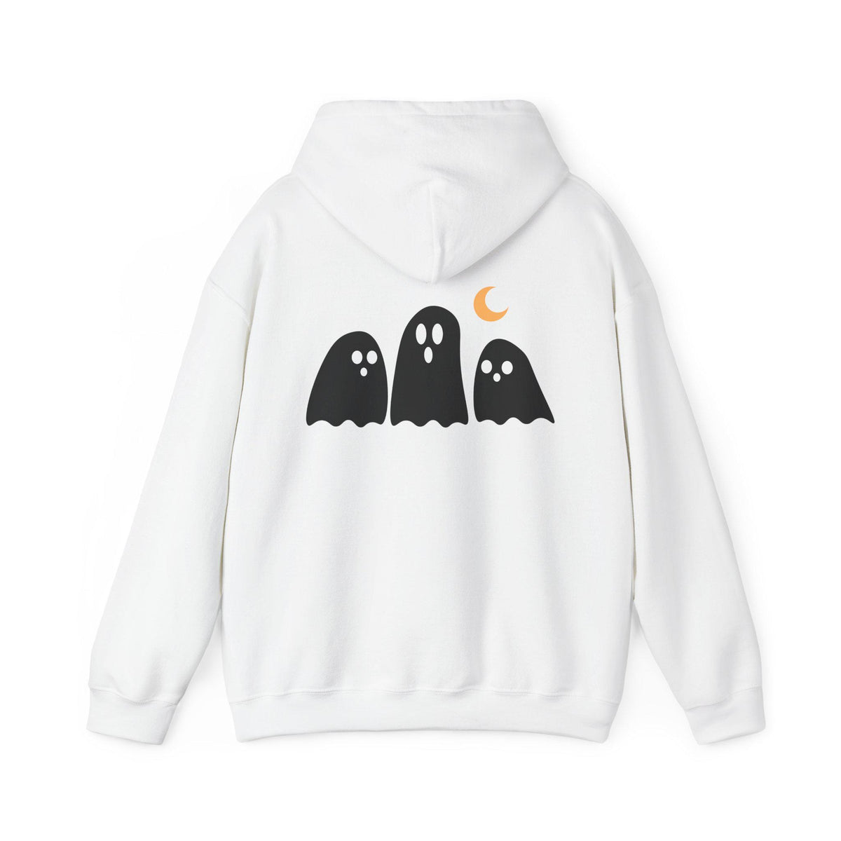 White Halloween hoodie with three black ghost graphics and an orange crescent moon on the back for cozy seasonal womens fashion apparel