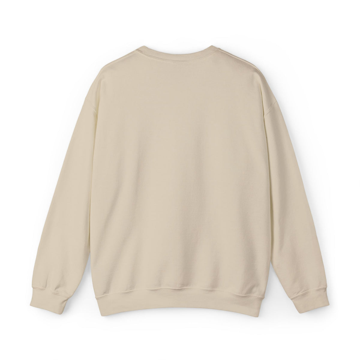 Neutral sand colored crewneck sweatshirt with long sleeves and ribbed cuffs on a white background