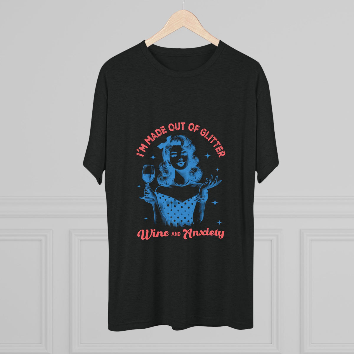 Black graphic tee by Printify featuring a retro pinup woman with a wine glass and the phrase Im made out of glitter wine and anxiety