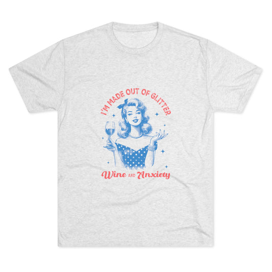 Light gray Printify graphic tee featuring a retro pinup woman holding a wine glass with text reading Im made out of glitter wine and anxiety