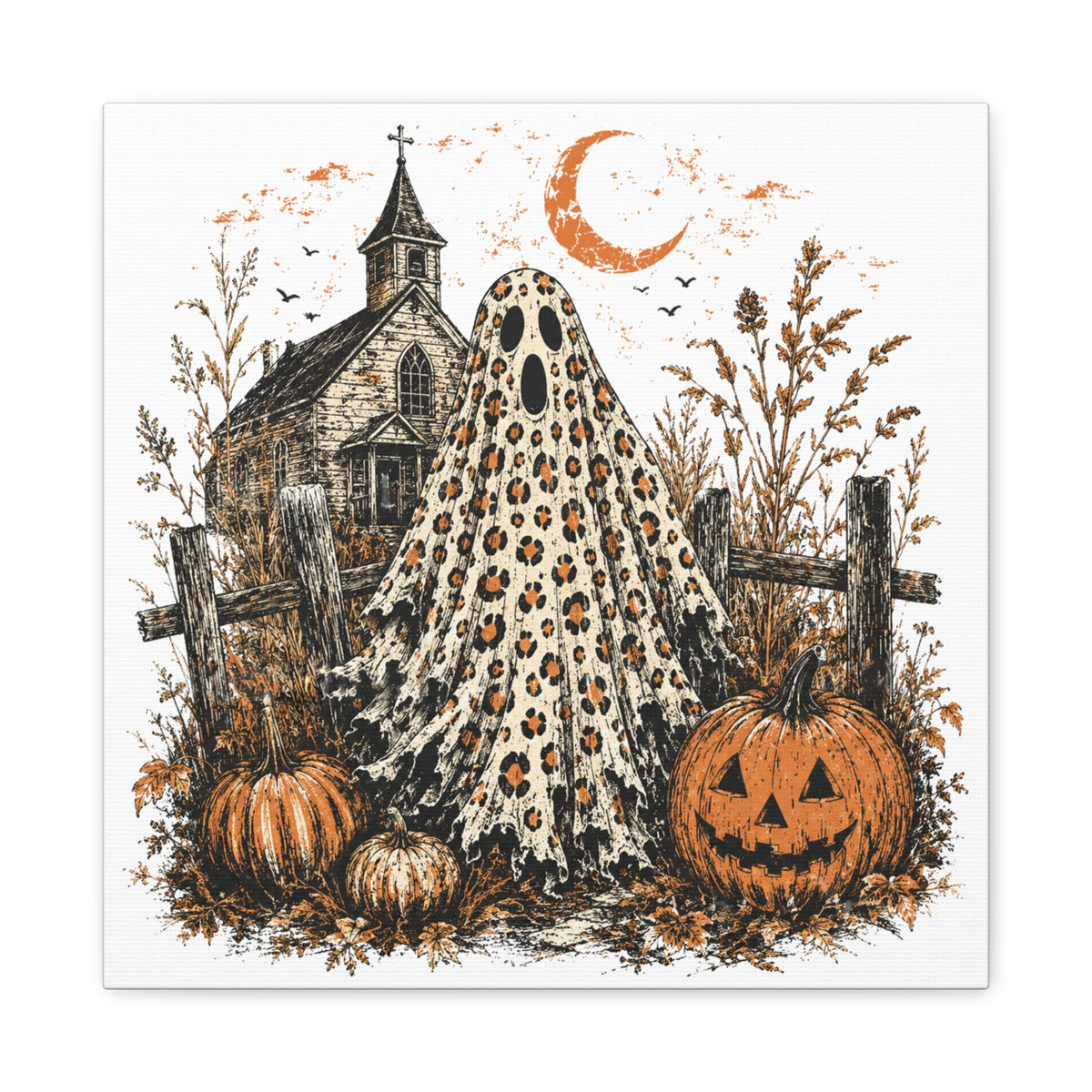 Vintage Halloween wall art showing a leopard print ghost beside pumpkins and a rustic church beneath a crescent moon in an autumn scene