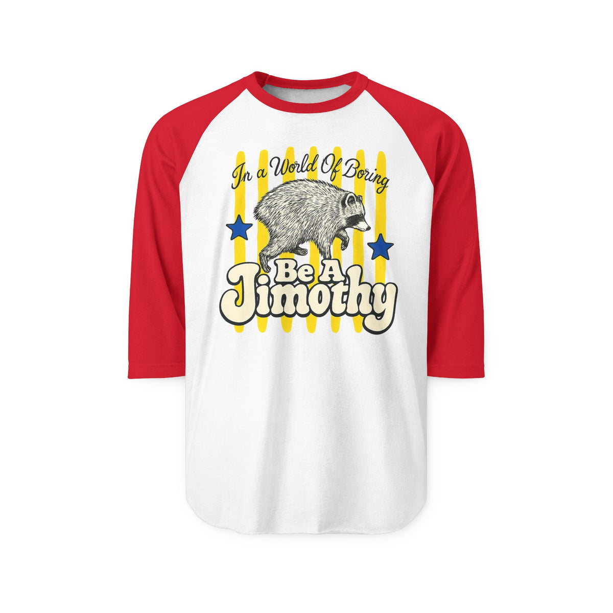 Womens white and red raglan shirt with three quarter sleeves featuring a vintage raccoon graphic and Be A Jimothy lettering for casual graphic fashion