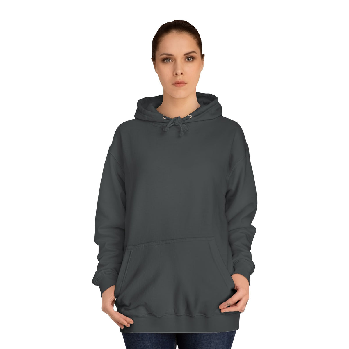 Woman modeling a dark charcoal pullover hoodie with a drawstring hood and front kangaroo pocket for casual women's fashion