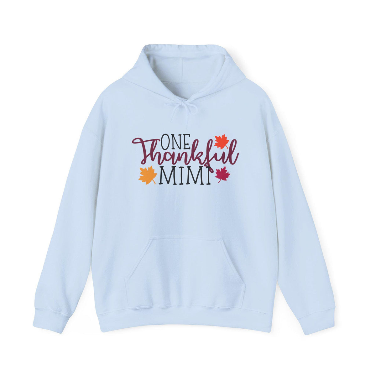 Light blue hoodie with One Thankful Mimi lettering in playful script and colorful autumn leaves graphic for cozy fall family gatherings