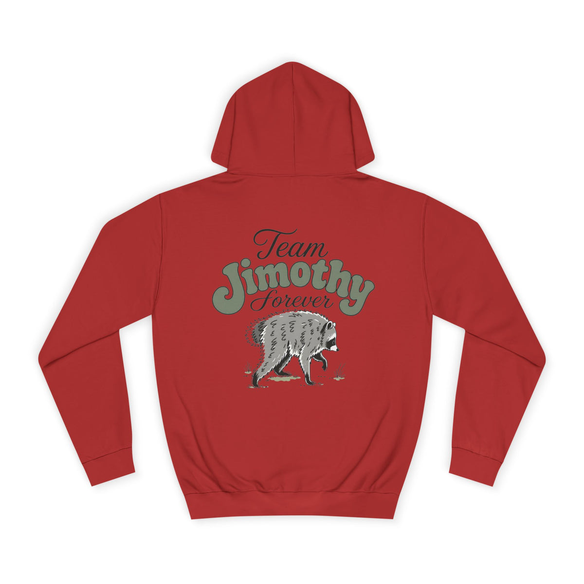 Red graphic hoodie shown from the back with Team Jimothy Forever lettering and a detailed wolf illustration on a clean white background