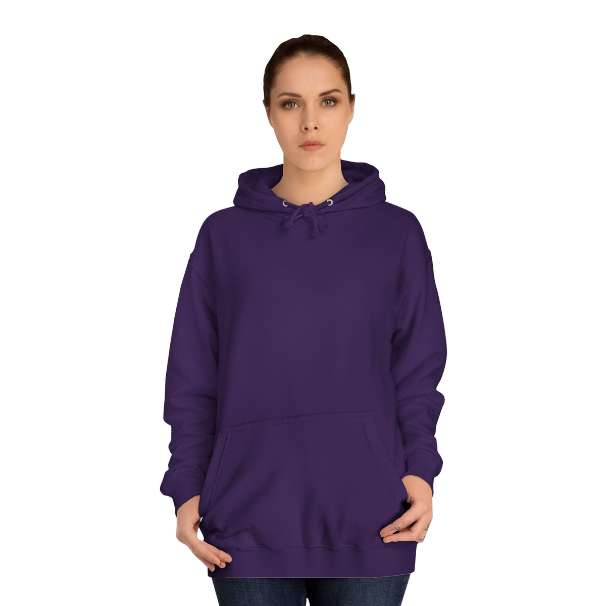 Woman modeling a solid purple pullover hoodie with drawstring hood long sleeves and spacious kangaroo pocket for casual women's fashion