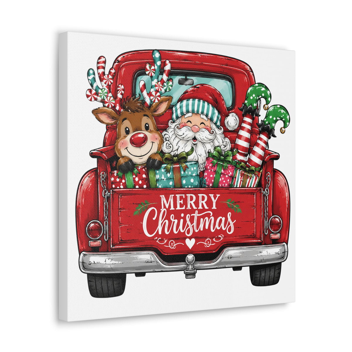 Christmas Truck Canvas - "Merry Christmas" Santa & Reindeer Holiday Wall Art
