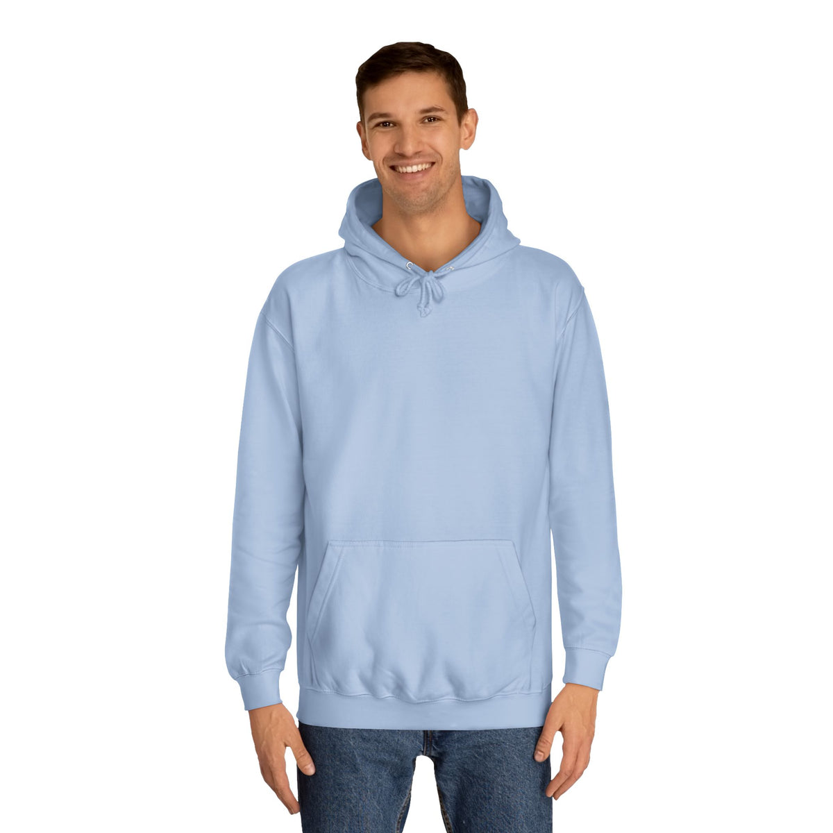 Man modeling a light blue pullover hoodie with drawstrings, long sleeves, ribbed cuffs, and a roomy kangaroo pocket on a white background