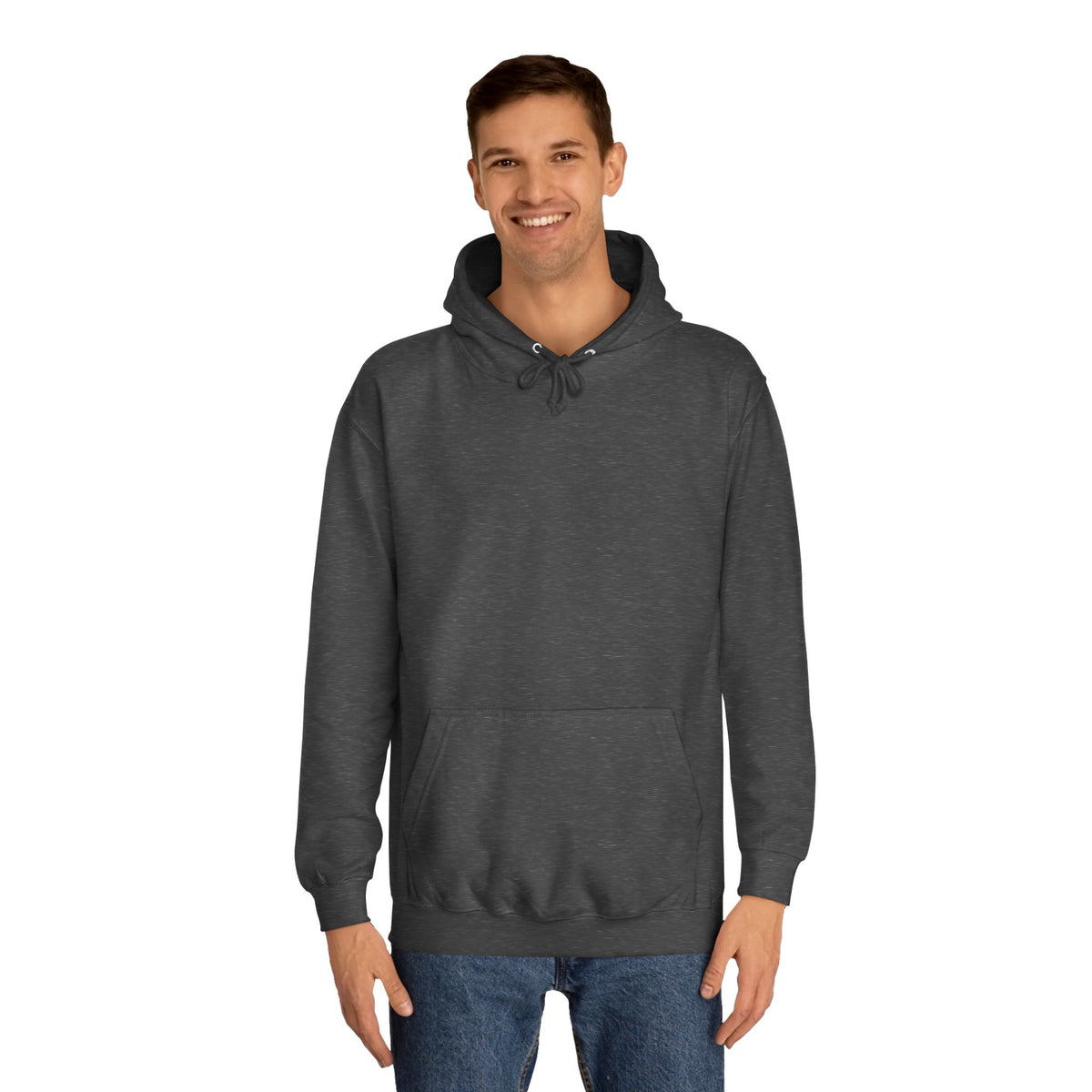 Smiling model wearing a charcoal gray pullover hoodie with a drawstring hood ribbed cuffs and a roomy kangaroo pocket on a white background