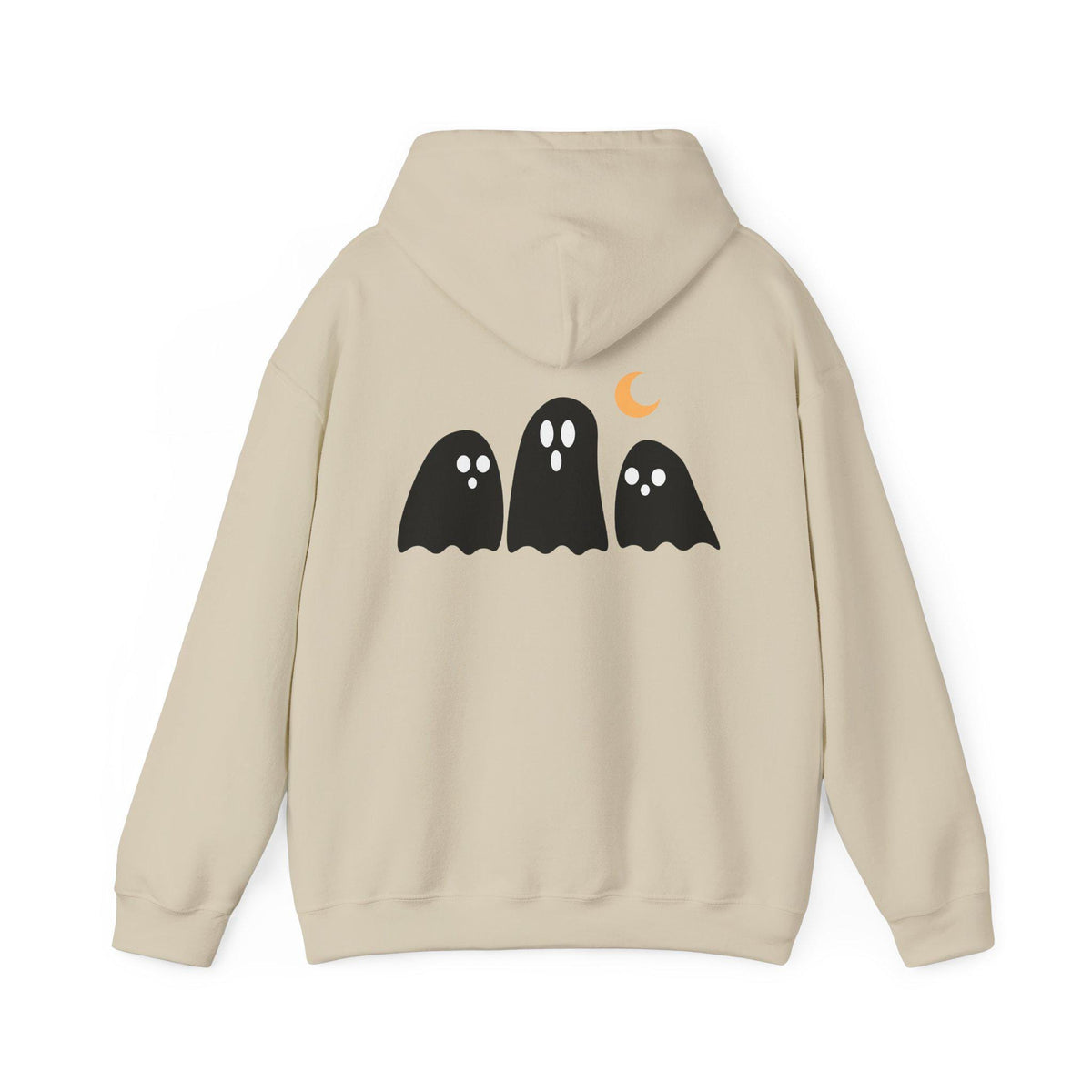 Beige hoodie back with three black ghost graphics and an orange crescent moon from Drizzle and Tizzle for Spooky Season womens fashion