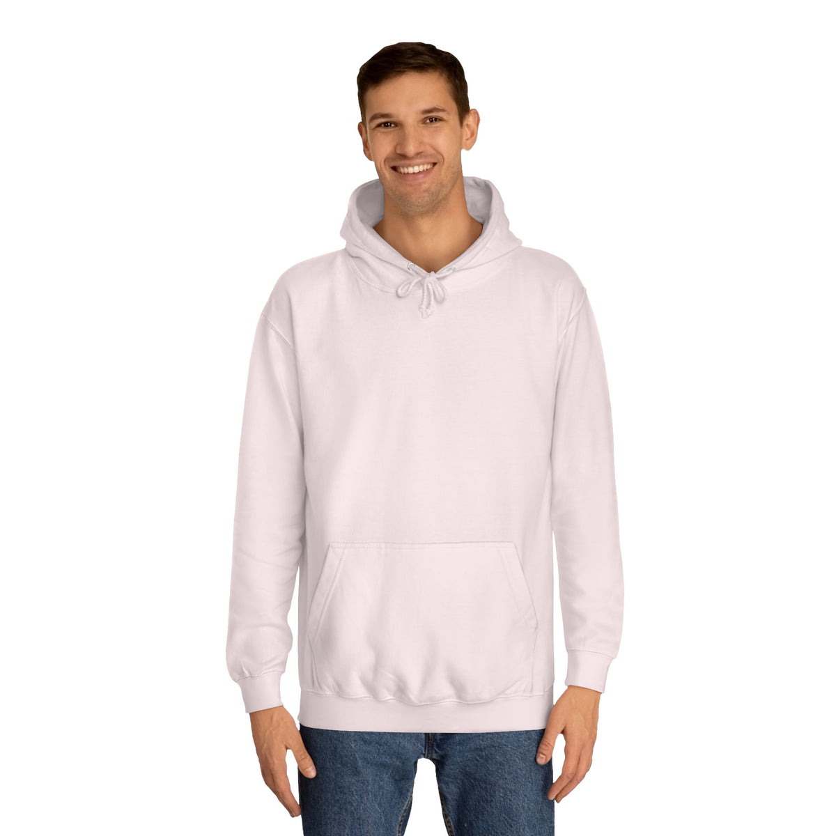 Model wearing a light pink pullover hoodie with drawstrings ribbed cuffs and a roomy kangaroo pocket against a clean white background