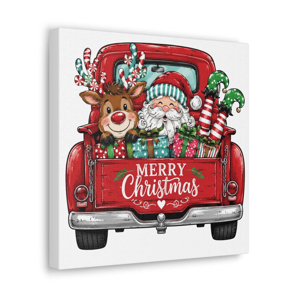Christmas Truck Canvas - "Merry Christmas" Santa & Reindeer Holiday Wall Art
