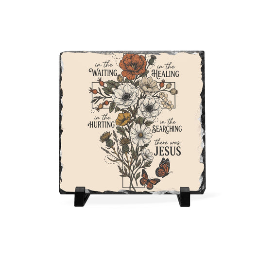 Natural slate desk plaque with floral cross artwork and inspirational words for waiting healing hurting and searching with Jesus at the center
