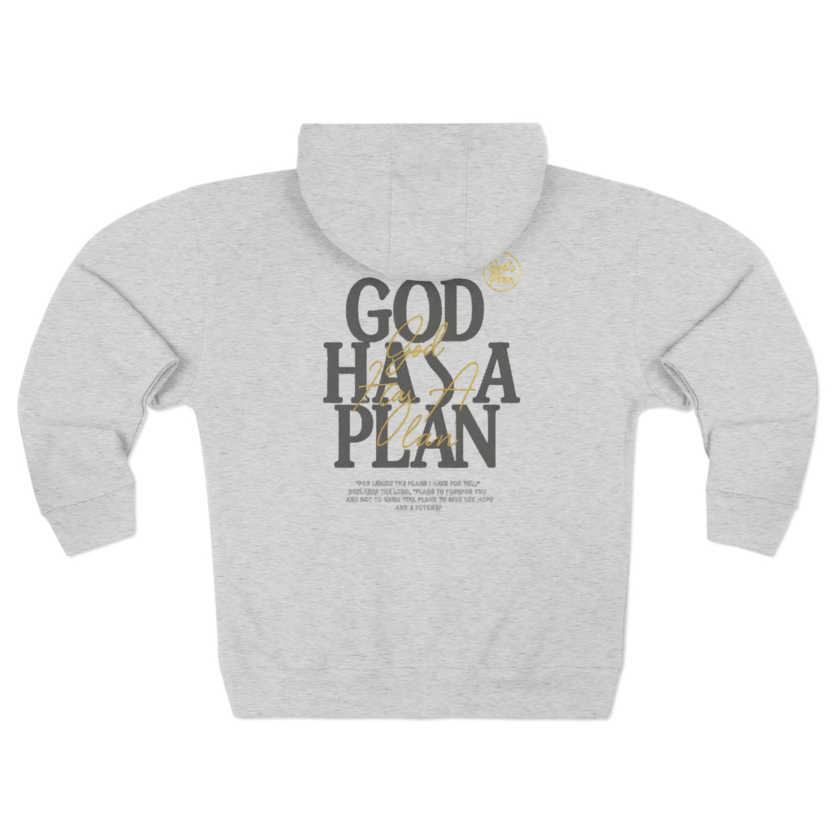 Gray faith inspired full zip hoodie featuring God Has A Plan graphic with gold script detail from Printify in the Vintage Graphic Tees and Sweaters collection