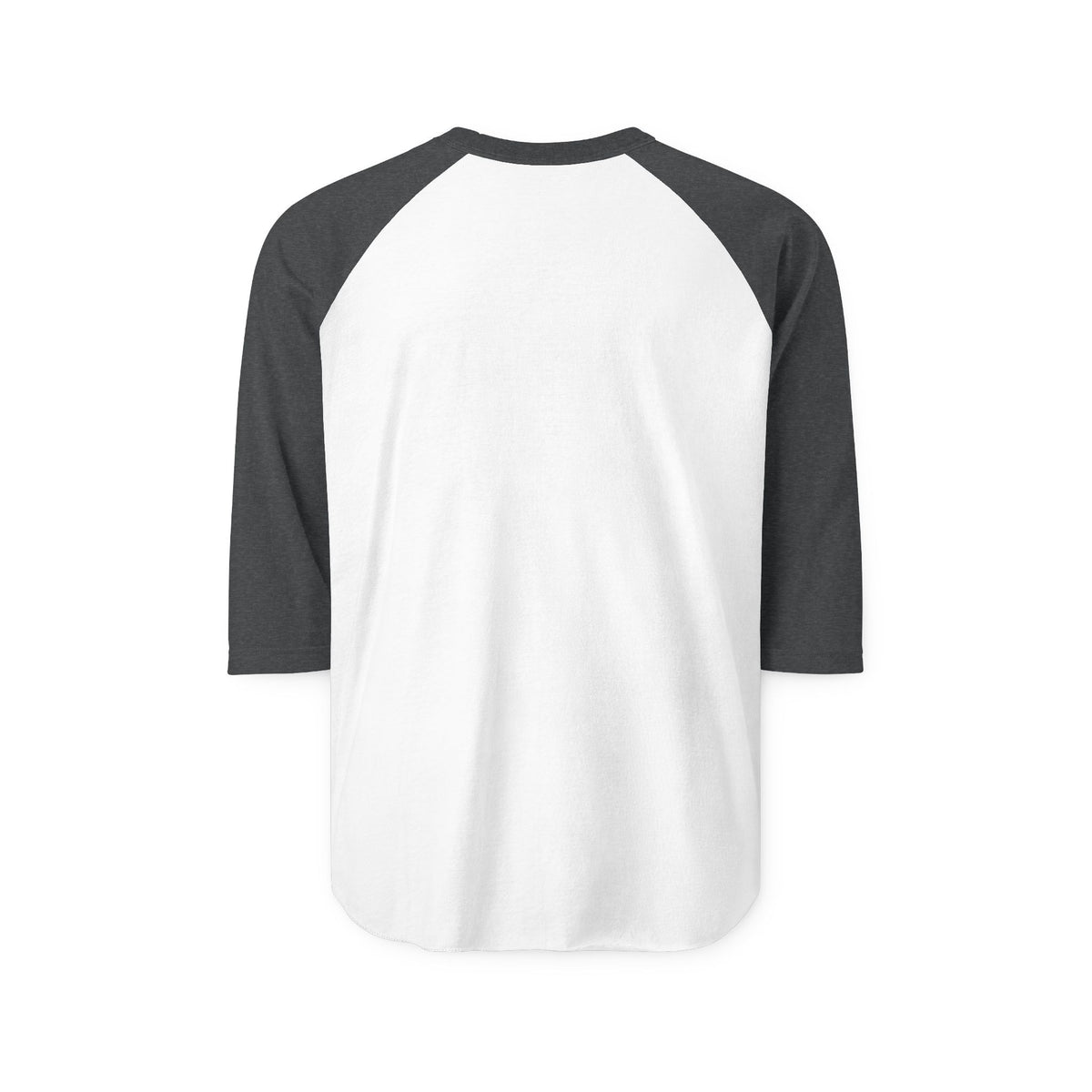 White and charcoal three quarter sleeve raglan shirt with a curved hem shown on a plain background for women's fashion apparel