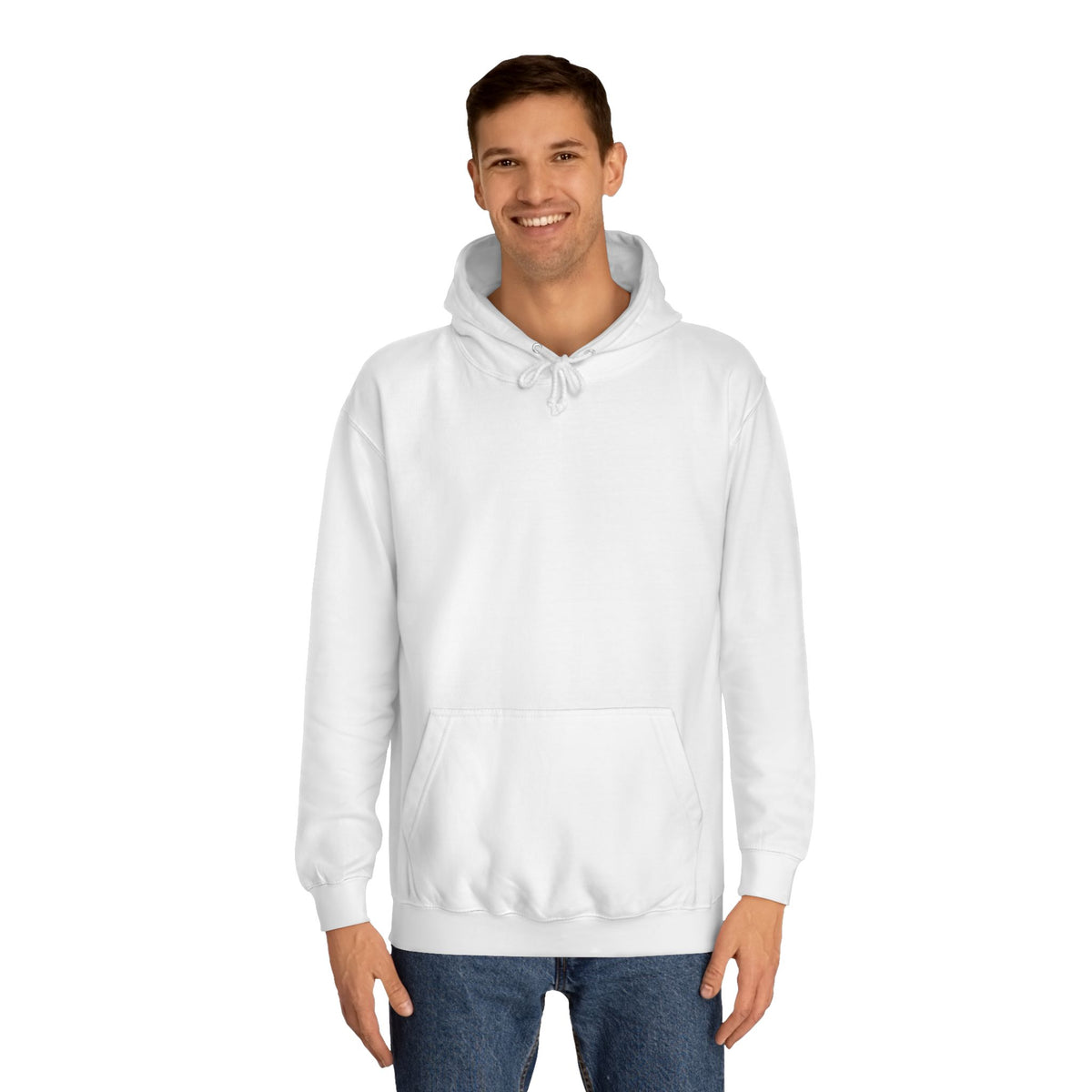White pullover hoodie modeled by a smiling man with a drawstring hood long sleeves ribbed cuffs and a roomy kangaroo pocket in front view