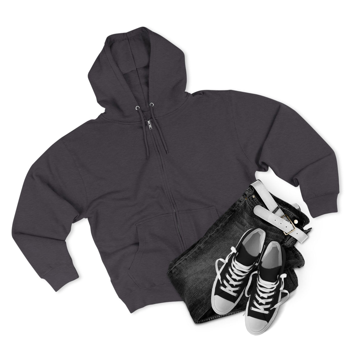 Dark gray full zip hoodie styled with black jeans white belt and black sneakers for a casual women's fashion outfit