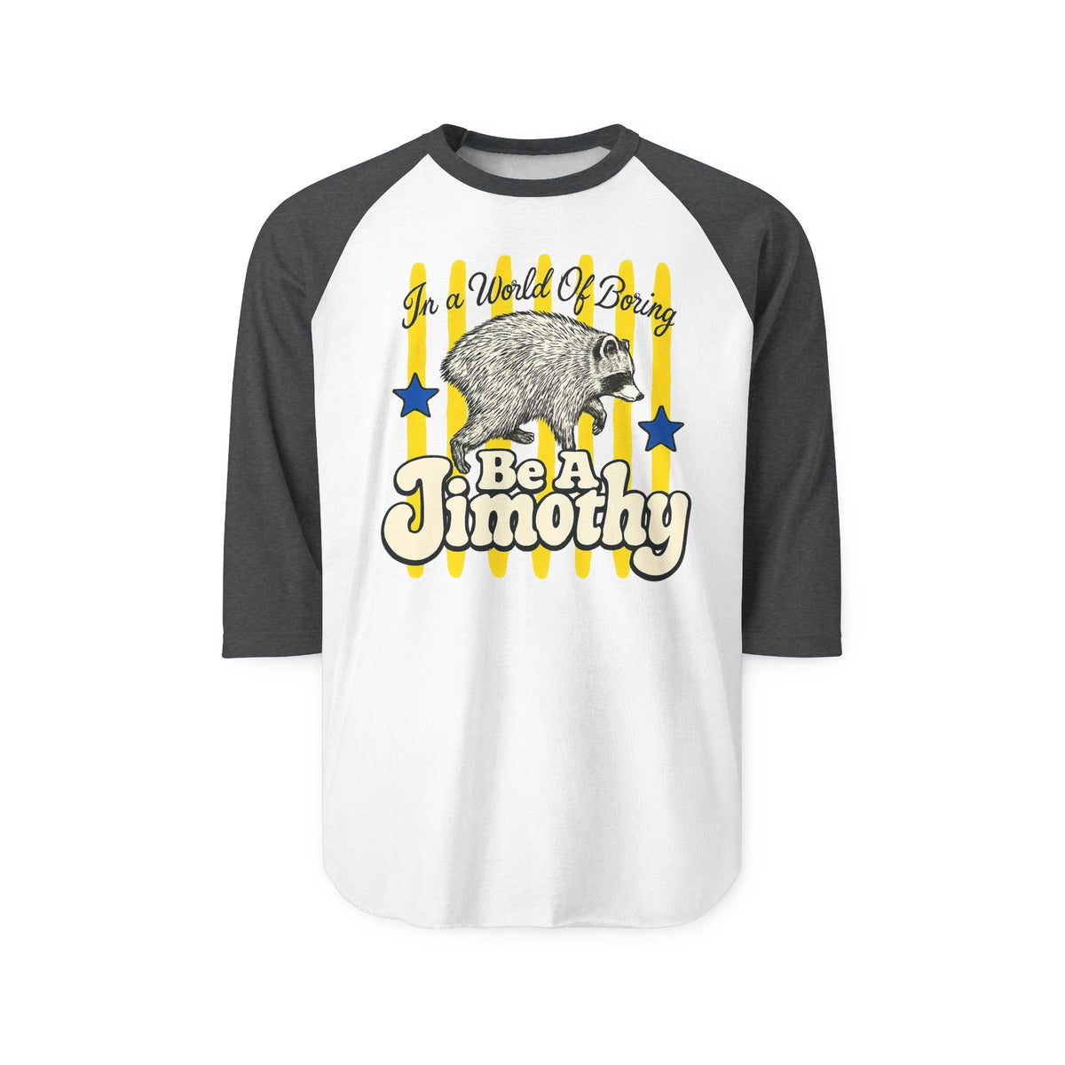 White and charcoal raglan shirt with three quarter sleeves featuring a vintage raccoon graphic blue stars yellow stripes and Be A Jimothy lettering