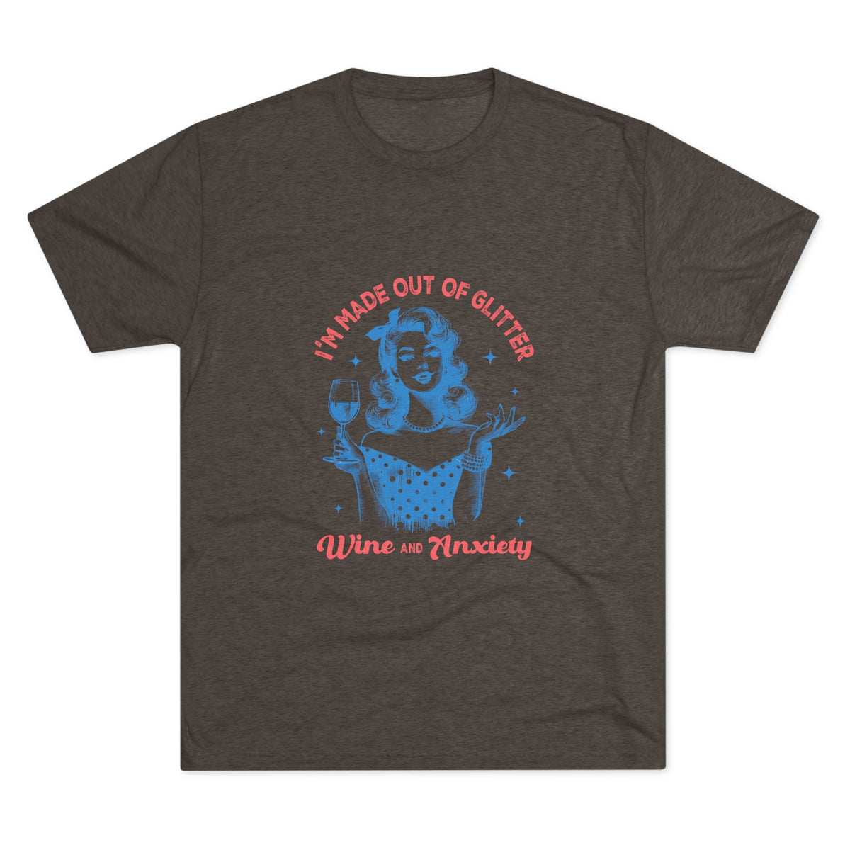 Dark charcoal Printify graphic tee featuring a retro pinup woman holding a wine glass with red and blue lettering about glitter wine and anxiety