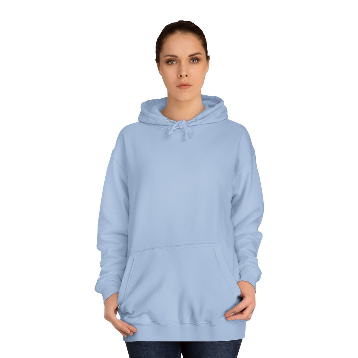 Woman modeling a light blue pullover hoodie with drawstring hood and roomy front kangaroo pocket for casual women's fashion