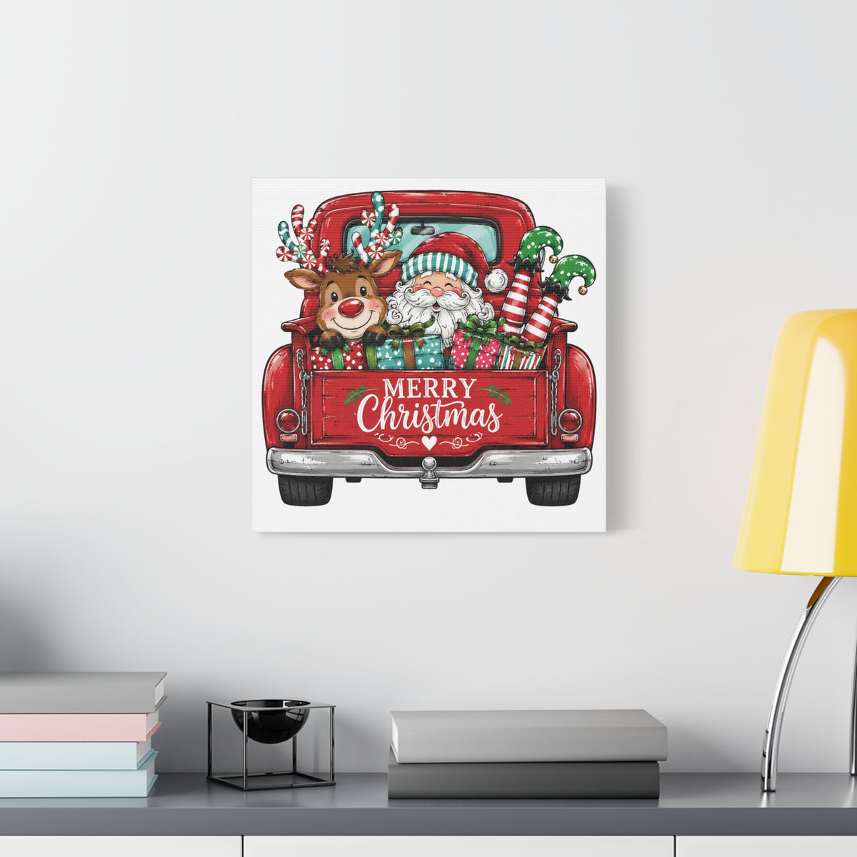 Christmas Truck Canvas - "Merry Christmas" Santa & Reindeer Holiday Wall Art