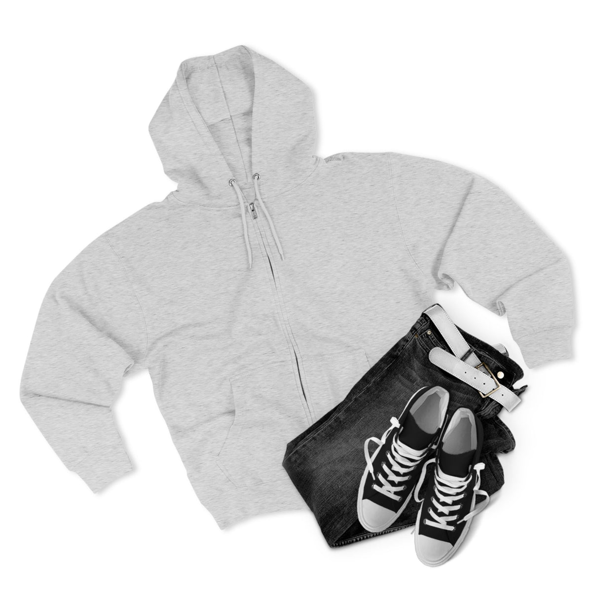 Light gray full zip hoodie styled with black jeans and black and white sneakers for a casual women's fashion look and everyday faith inspired apparel outfit