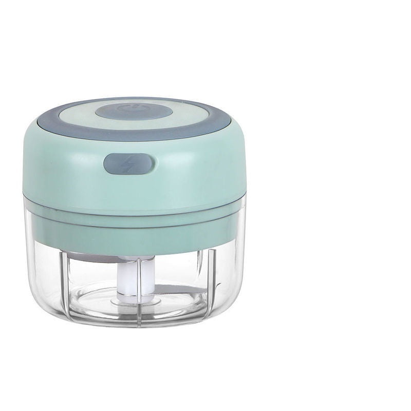Mint green mini electric garlic chopper with a clear bowl and stainless steel blade for quick food preparation at home