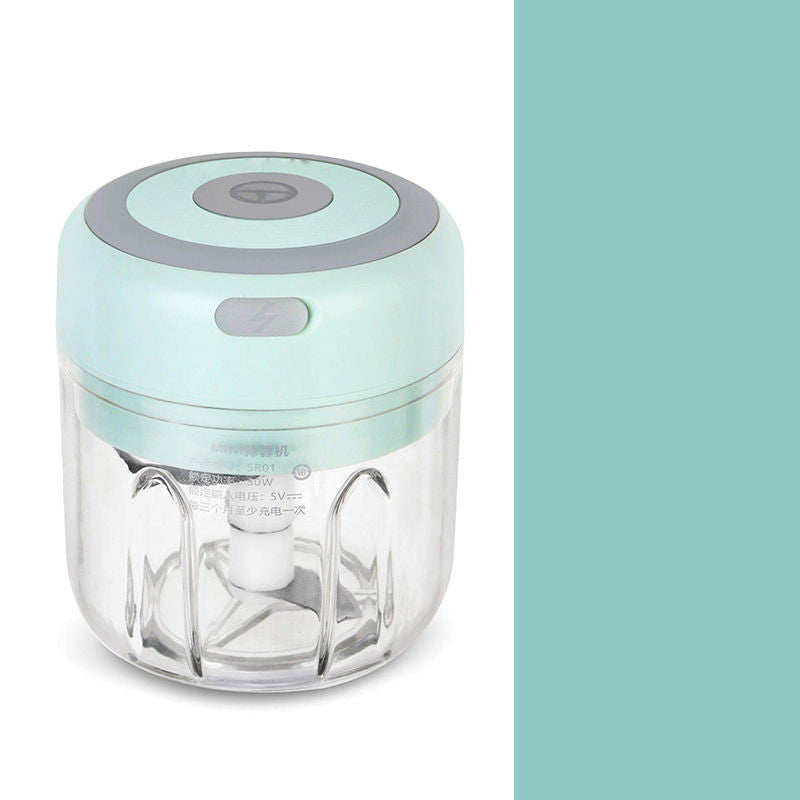 Mint green mini electric garlic chopper with a transparent bowl stainless steel blade and push button for quick hands free food preparation