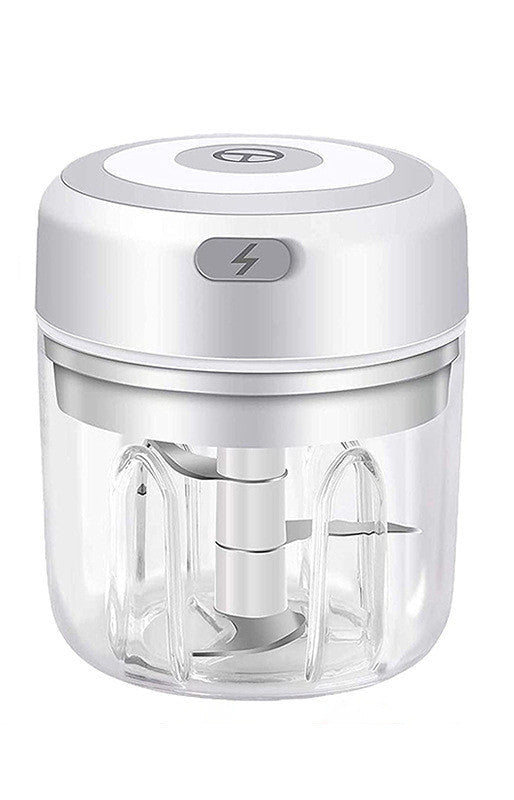 Compact white electric garlic chopper with a clear bowl and stainless steel blades for quickly mincing garlic herbs vegetables and other kitchen ingredients