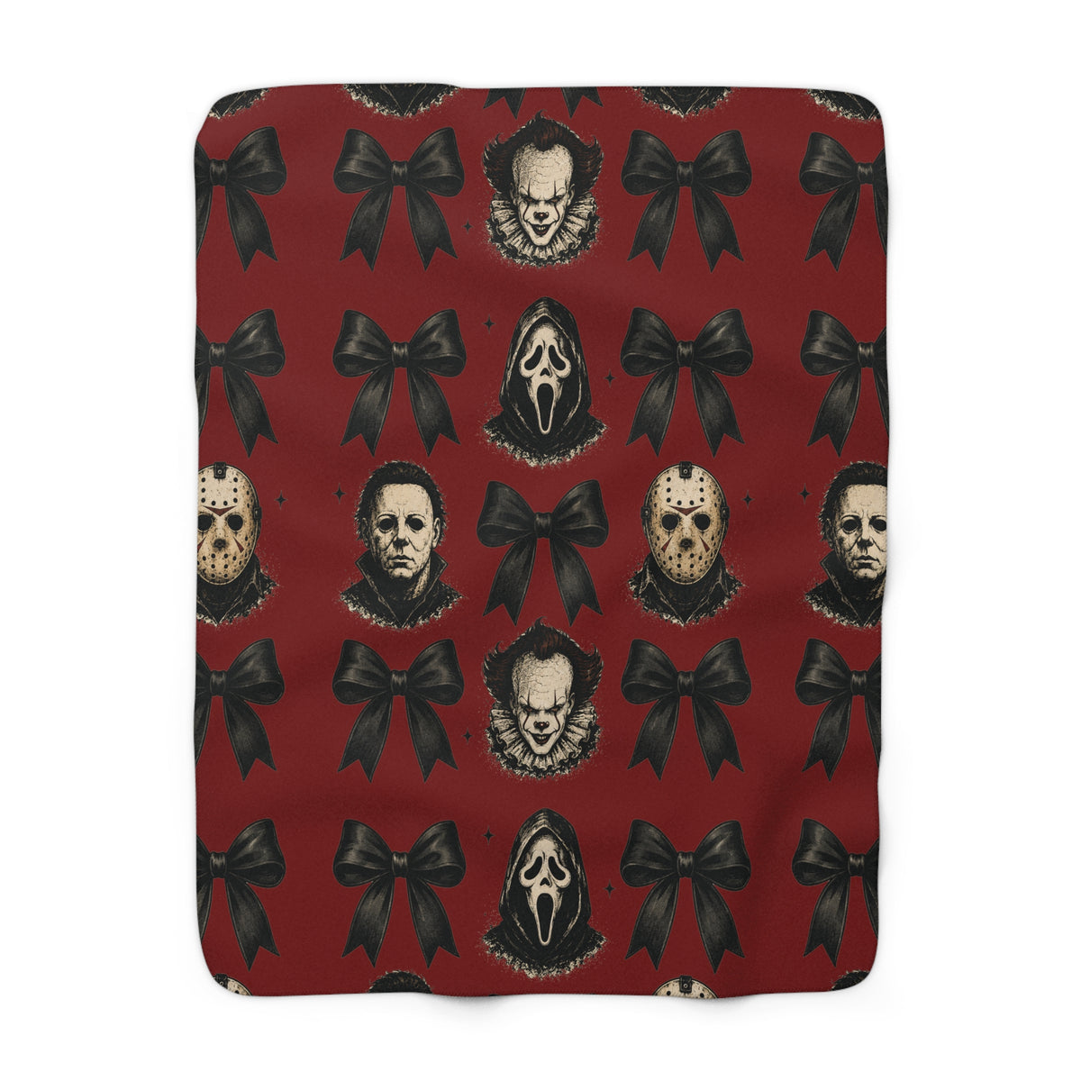 Vintage red sherpa blanket with black bows and repeating horror mask illustrations for cozy seasonal home decor from Printify