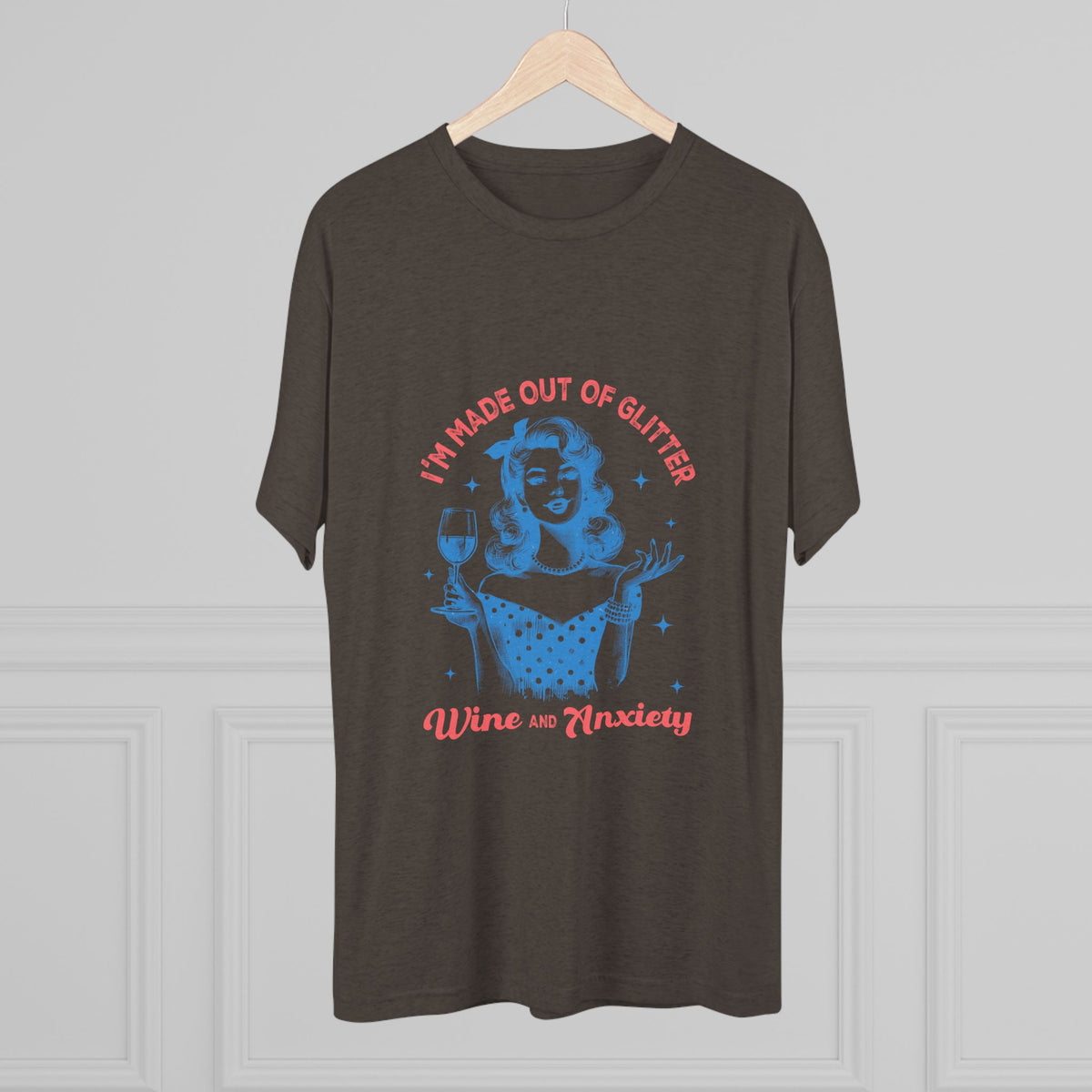 Vintage inspired dark brown womens fashion graphic tee on a hanger featuring a blue pinup woman holding a wine glass and playful red text from Printify