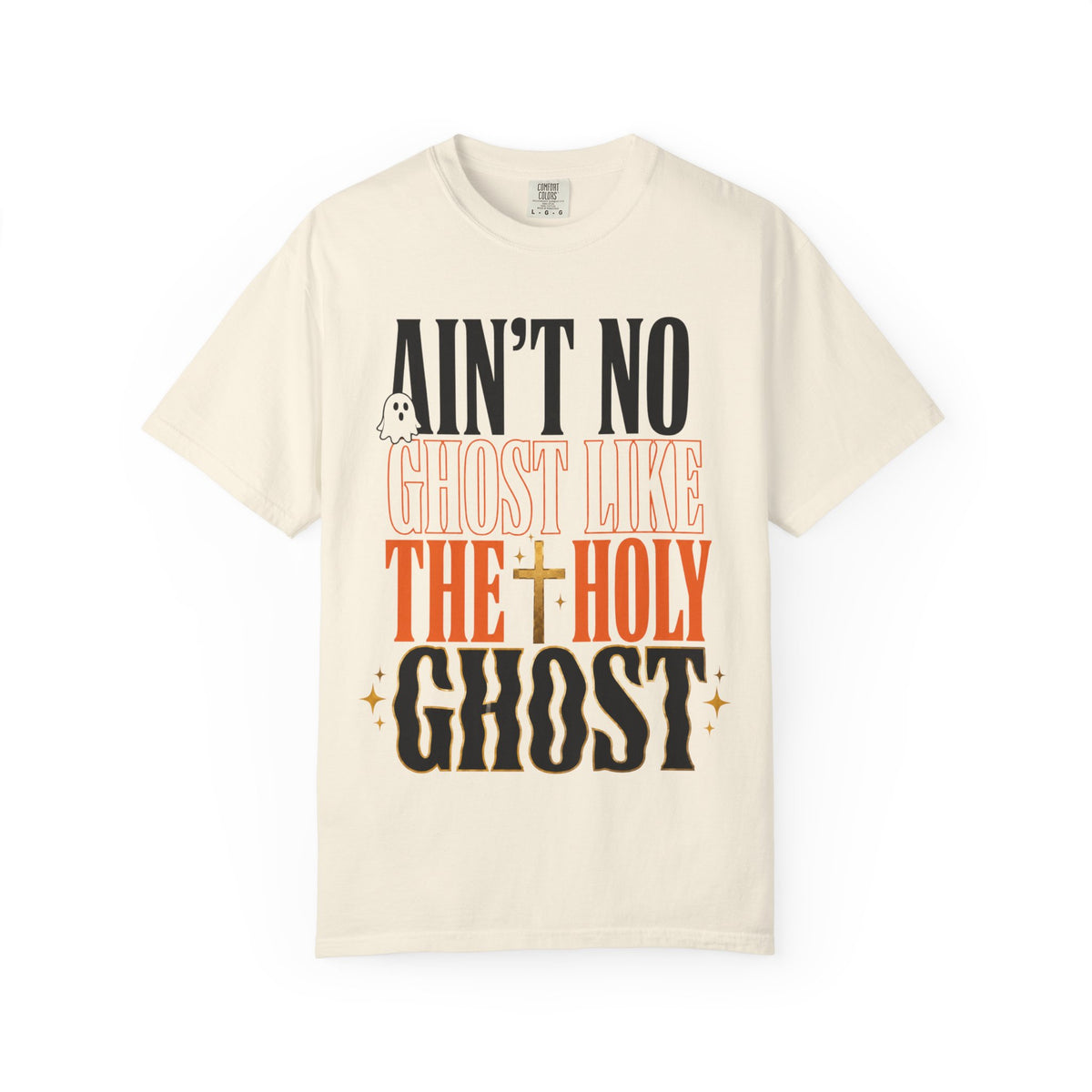 Cream graphic T-shirt featuring the message Ain't No Ghost Like the Holy Ghost with a playful ghost and cross design in black and orange from Printify